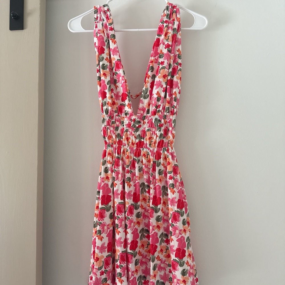 Floral V-Neck Mini Dress - Pink and Red